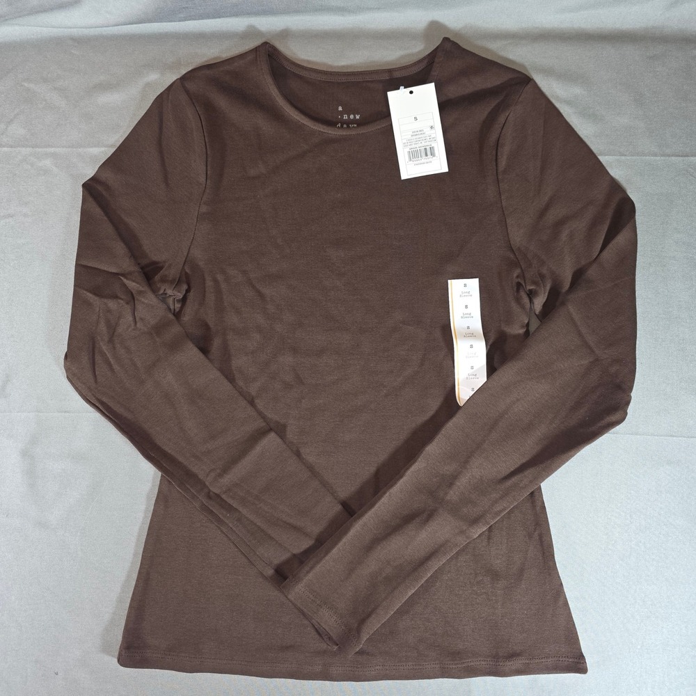 A New Day Women Brown Long Sleeve Crewneck Cotton Stretch T-Shirt S NWT